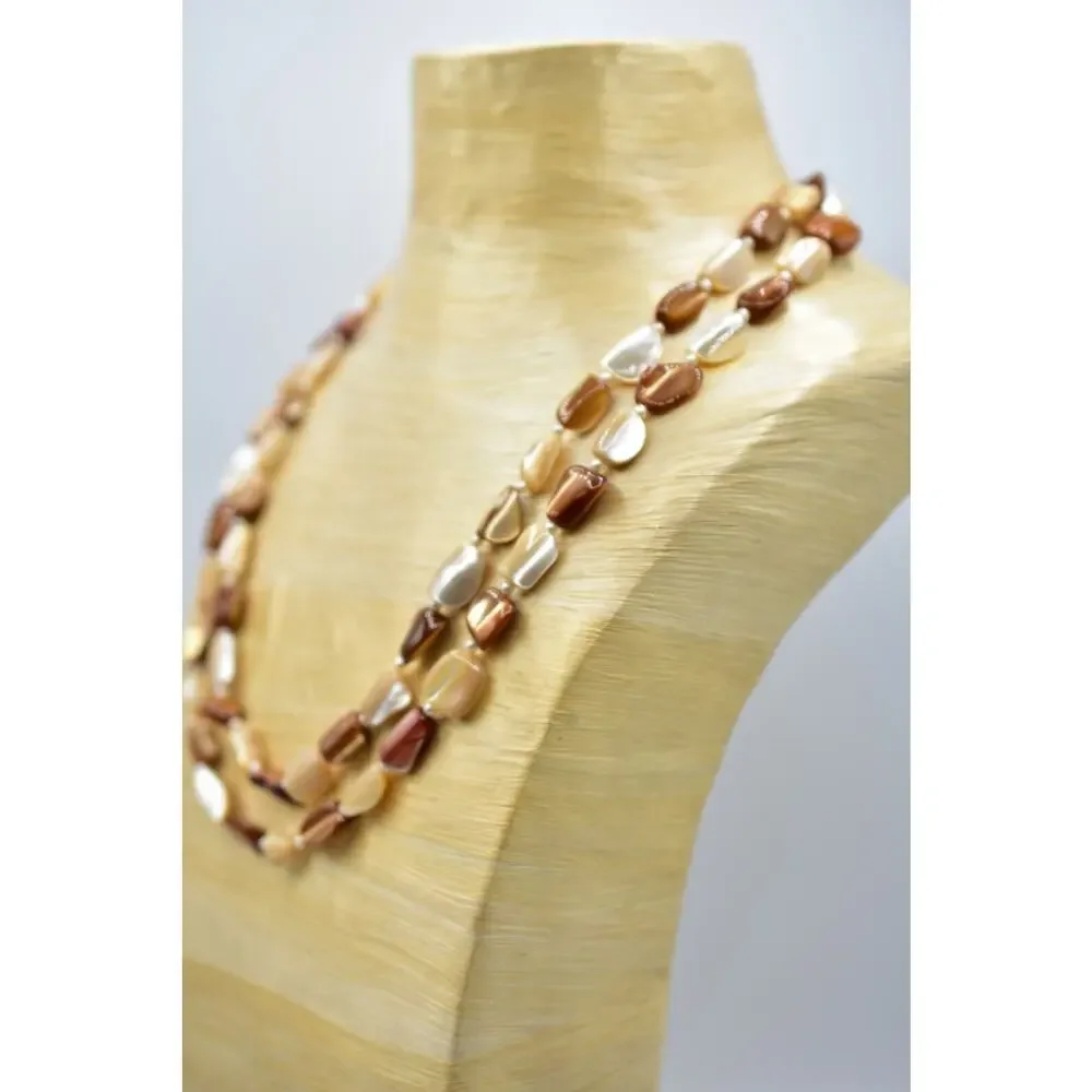 Vintage Necklace Long Stone Beaded Neutral Beige Brown White 48